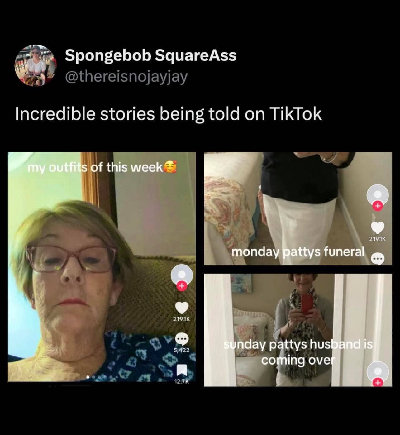 A collage of TikTok screenshots showing a woman documenting her outfits for a funeral and a date.