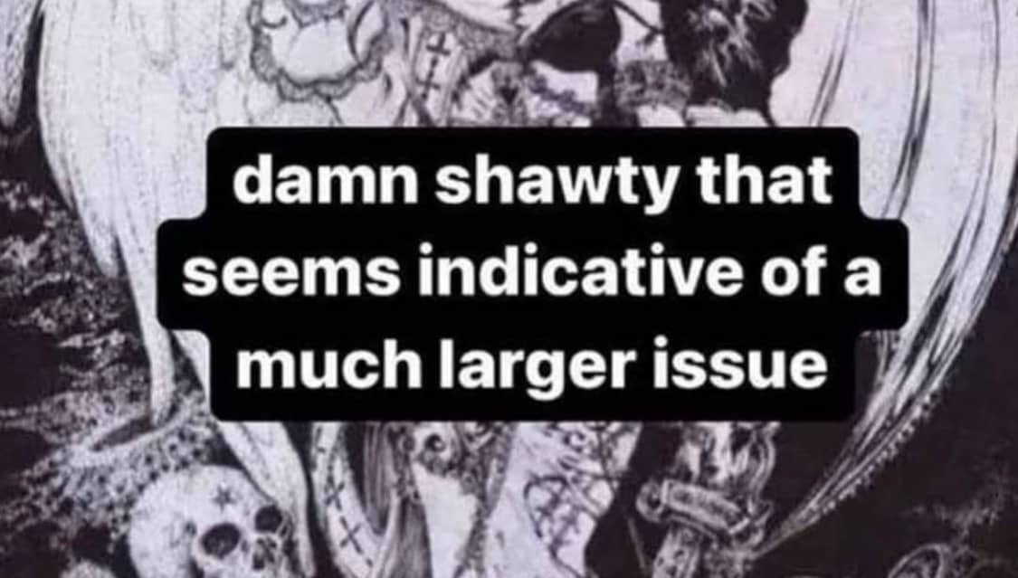 Edgy aesthetic meme with a skull background and text about indicative larger life issues.