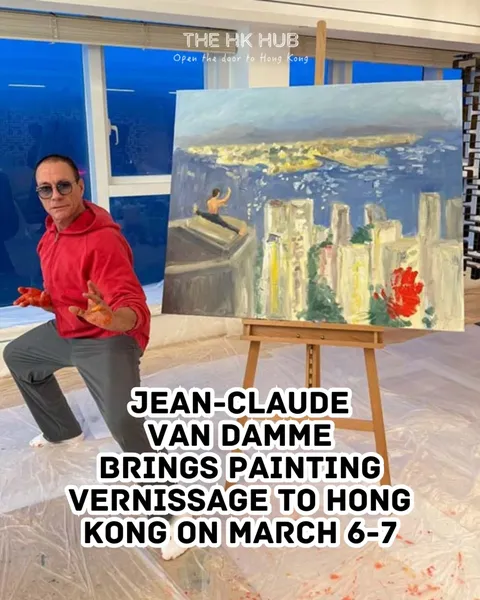 Jean-Claude Van Damme posing in a martial arts stance next to his Hong Kong painting.