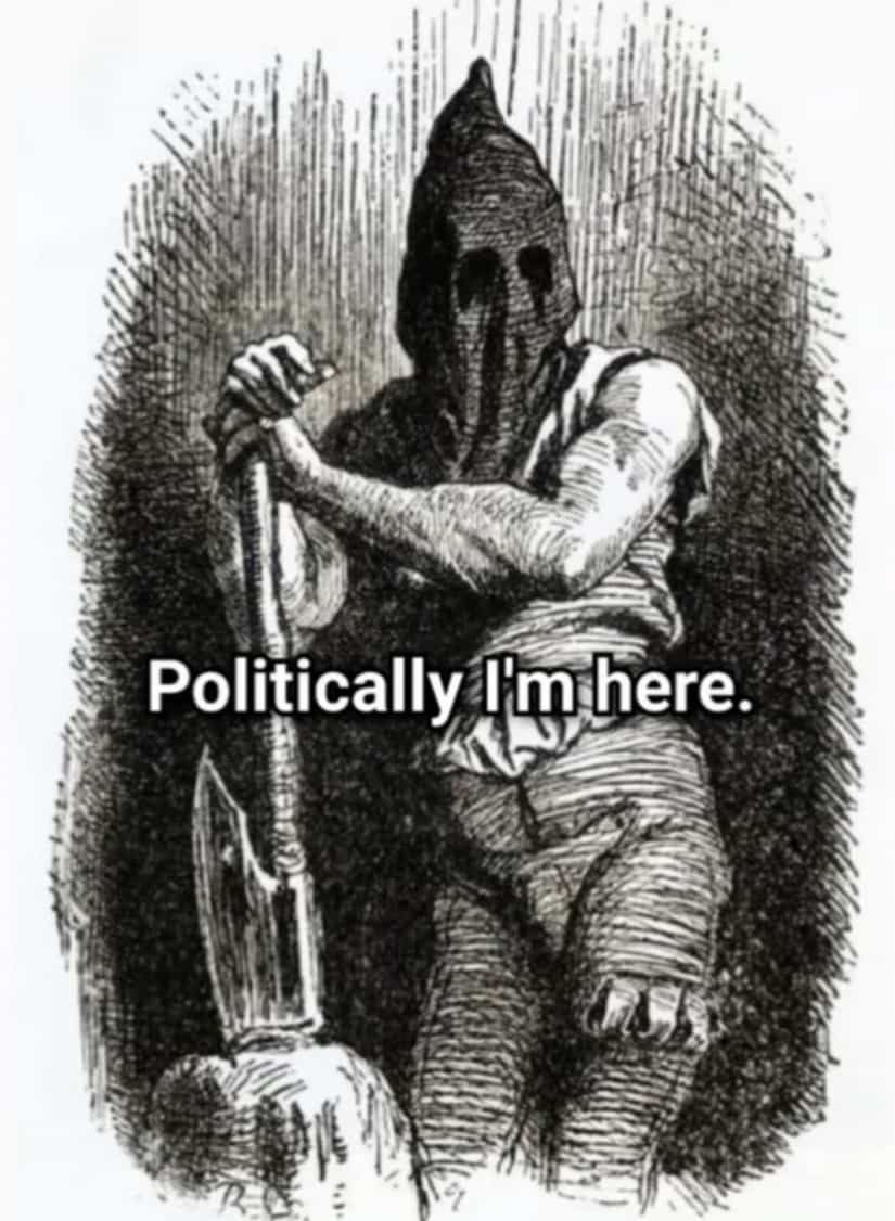 Historical engraving of an executioner with a hood and axe captioned with a political joke.