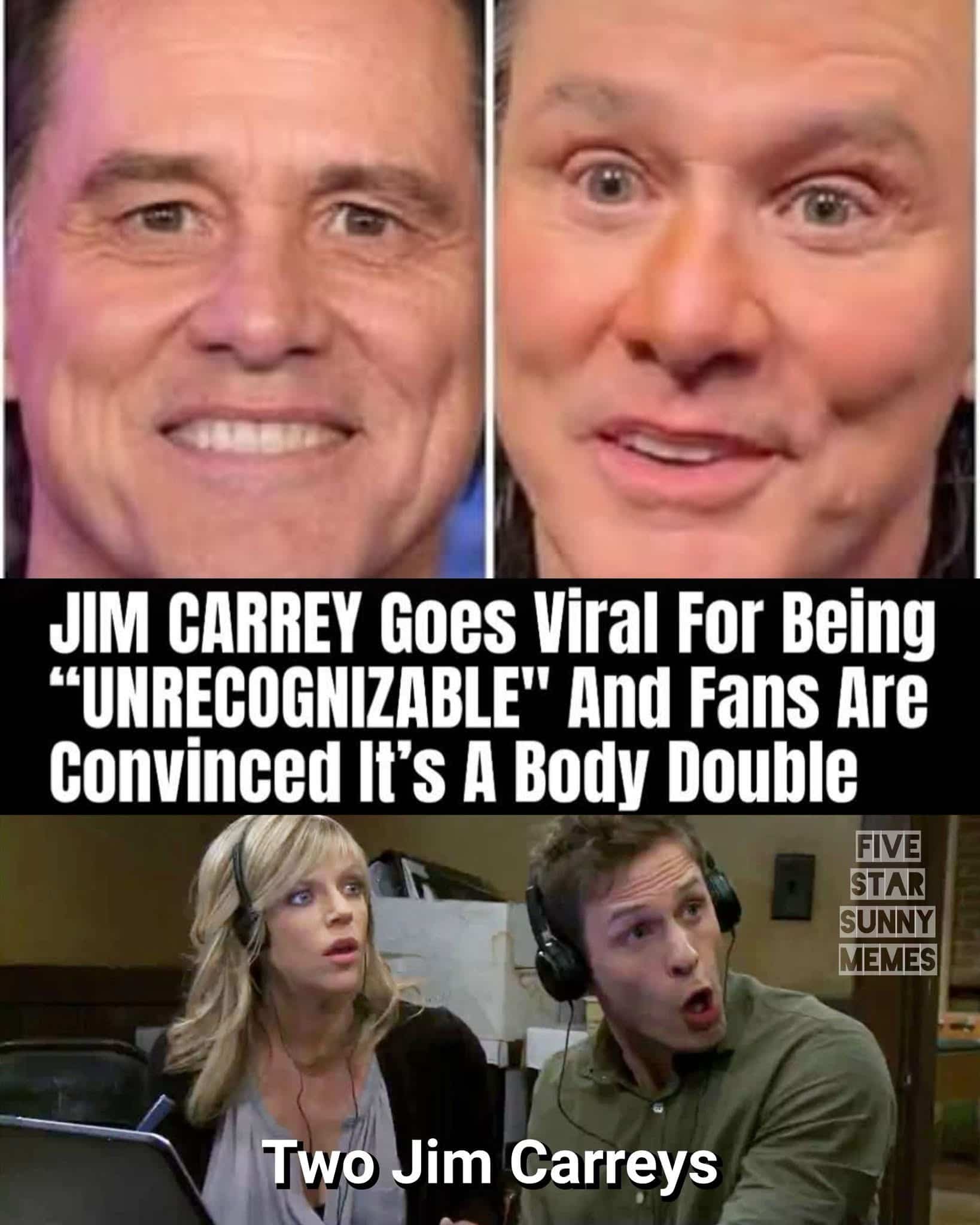 Comparison of two Jim Carrey photos with an Always Sunny in Philadelphia meme about body doubles.
