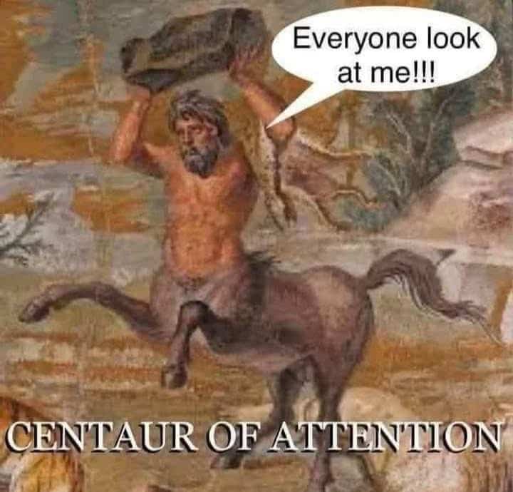 Classical painting of a centaur holding a rock over his head with a "Centaur of Attention" pun.