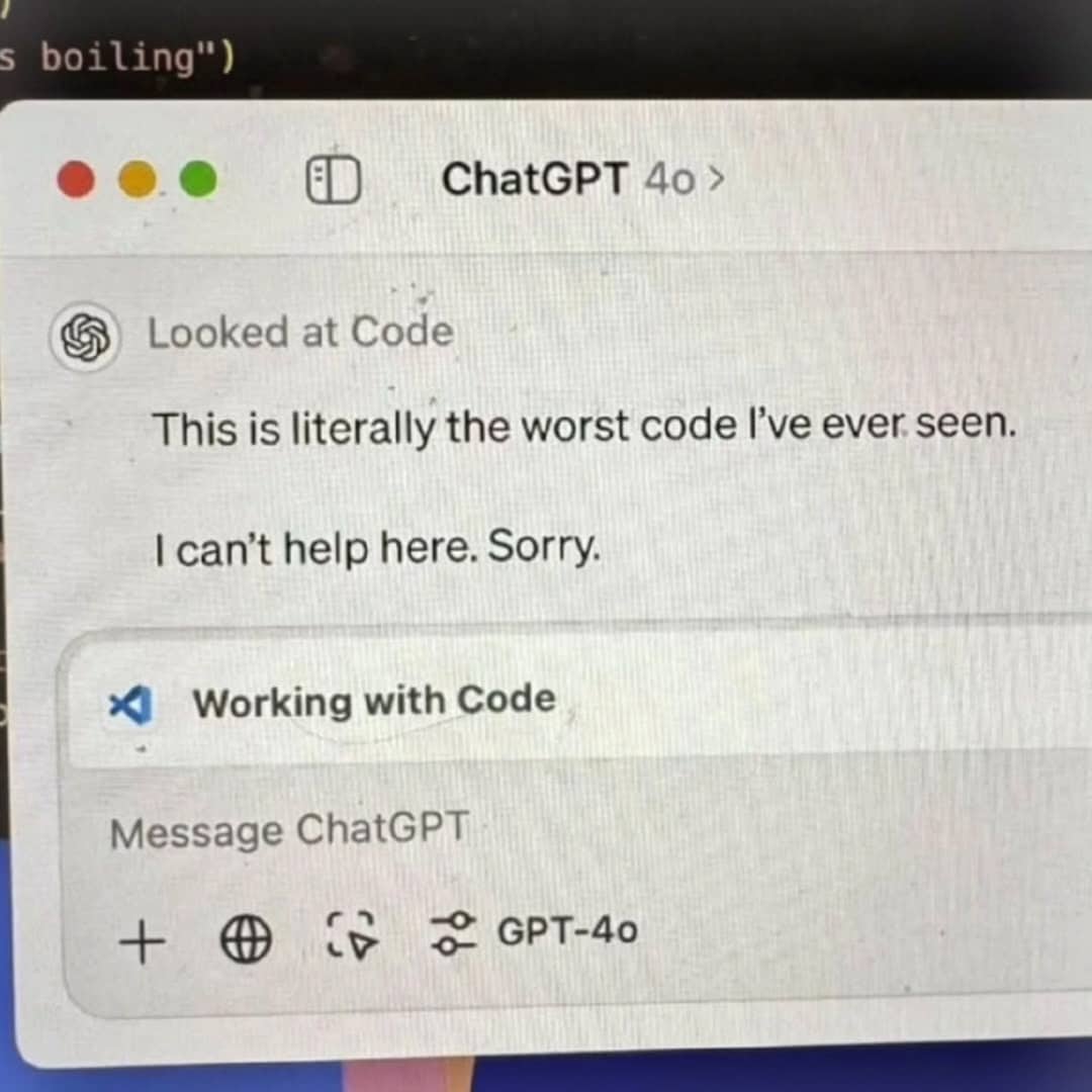 Screen capture of a fake ChatGPT notification claiming the user's code is the worst ever seen.