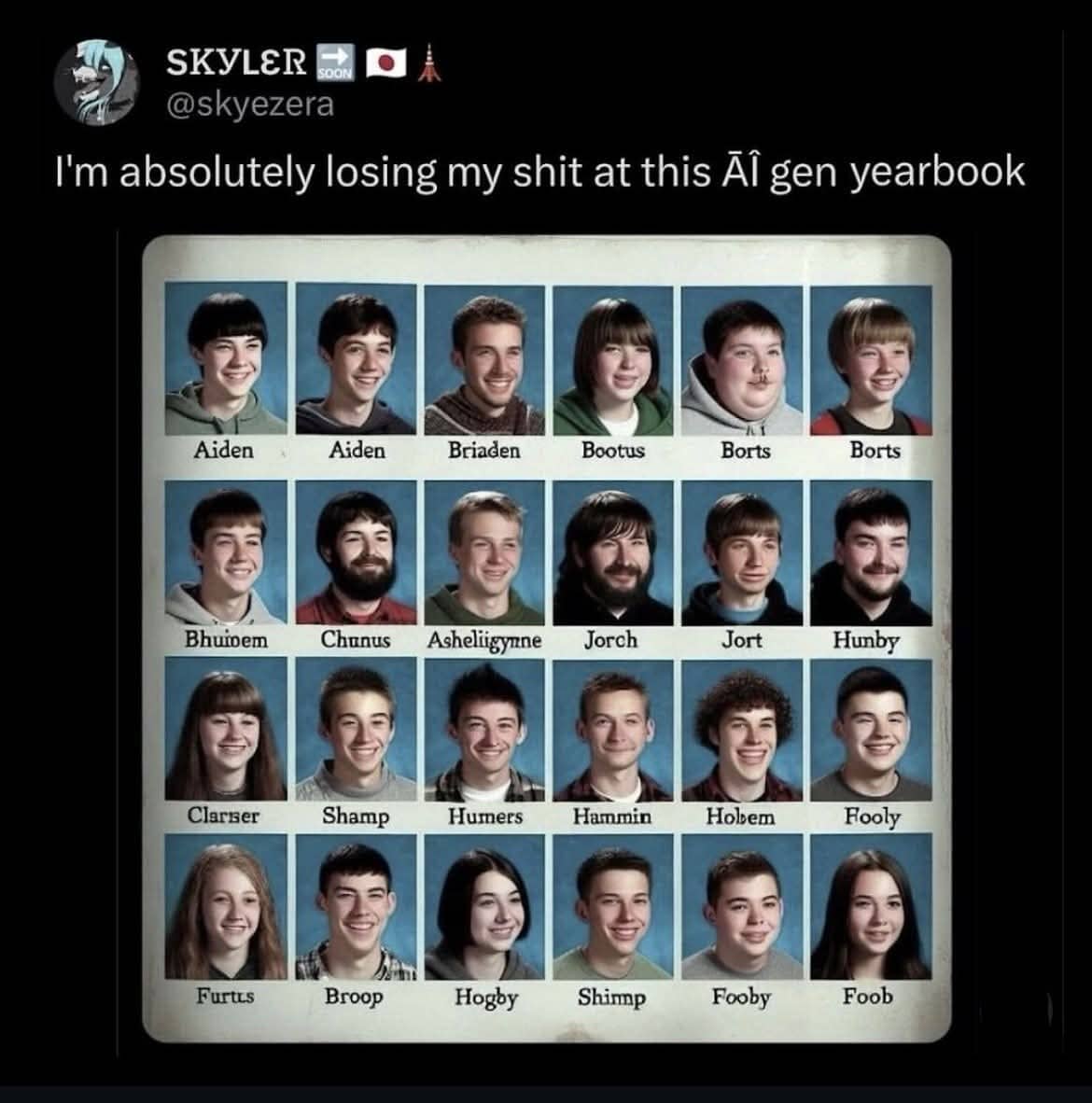 AI-generated yearbook grid featuring students with bizarre, nonsensical names like Bootus, Borts, Jort, and Foob.