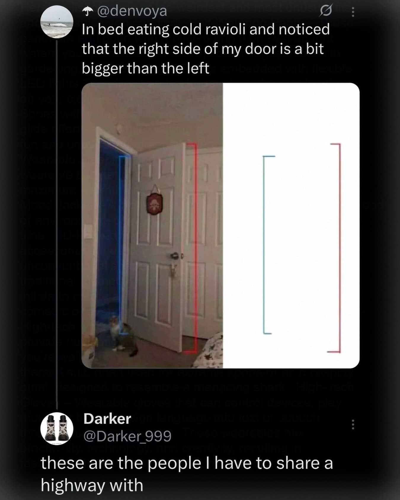 Optical illusion meme showing a door that appears uneven while the user eats cold ravioli.