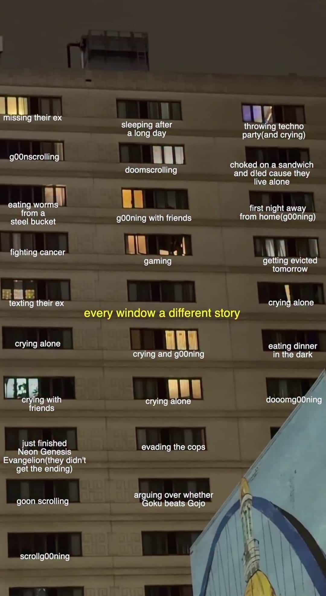 Apartment building at night with humorous labels for every window describing chaotic and relatable life stories.