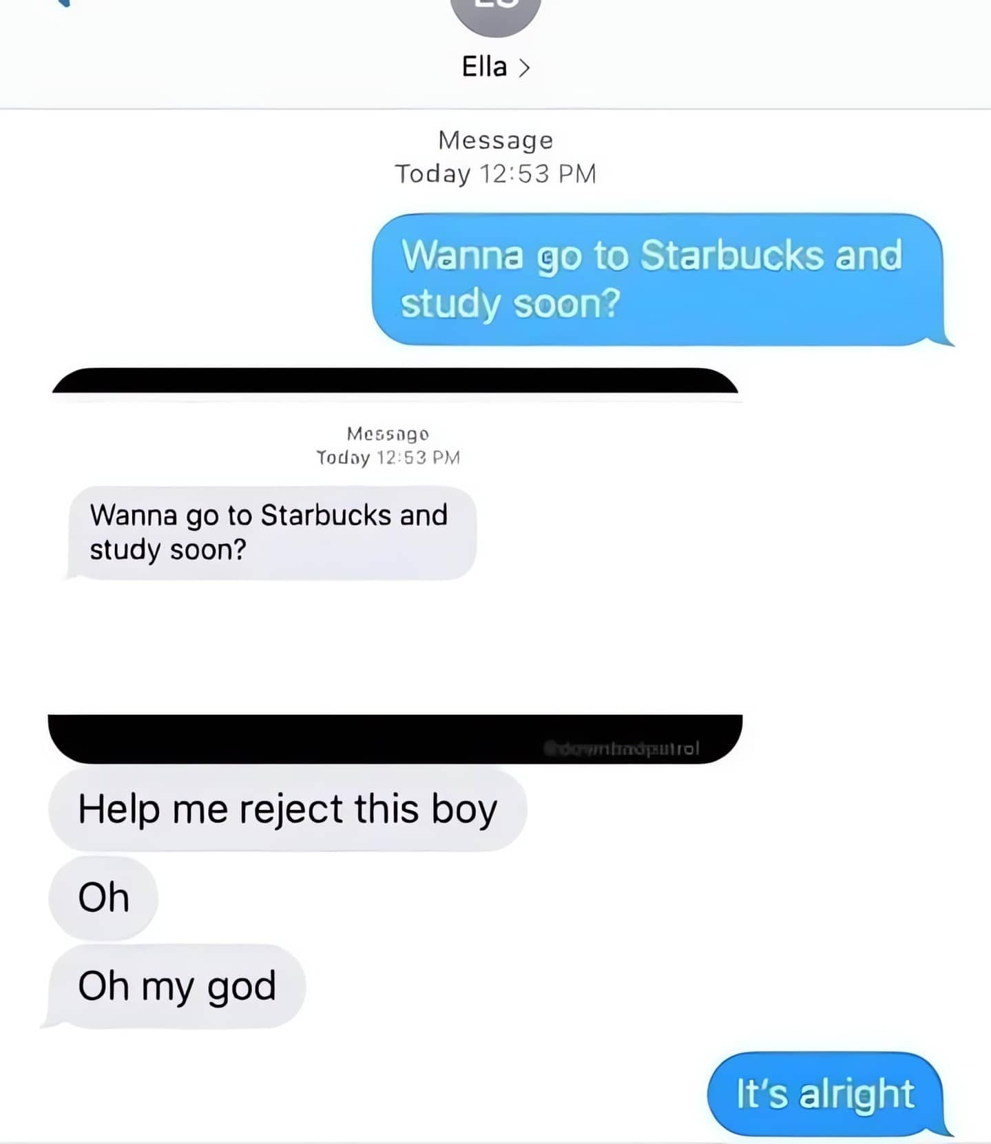 Painful text message fail where a girl accidentally sends a rejection plan to the boy asking her out.