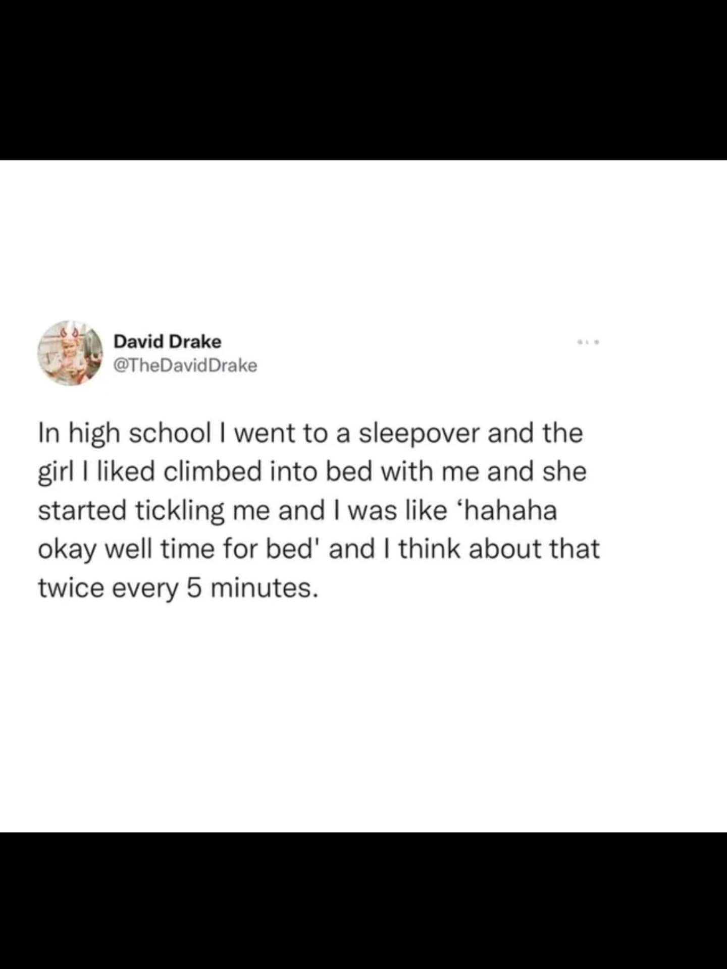 Regretful social media post about missing a romantic signal during a high school sleepover.