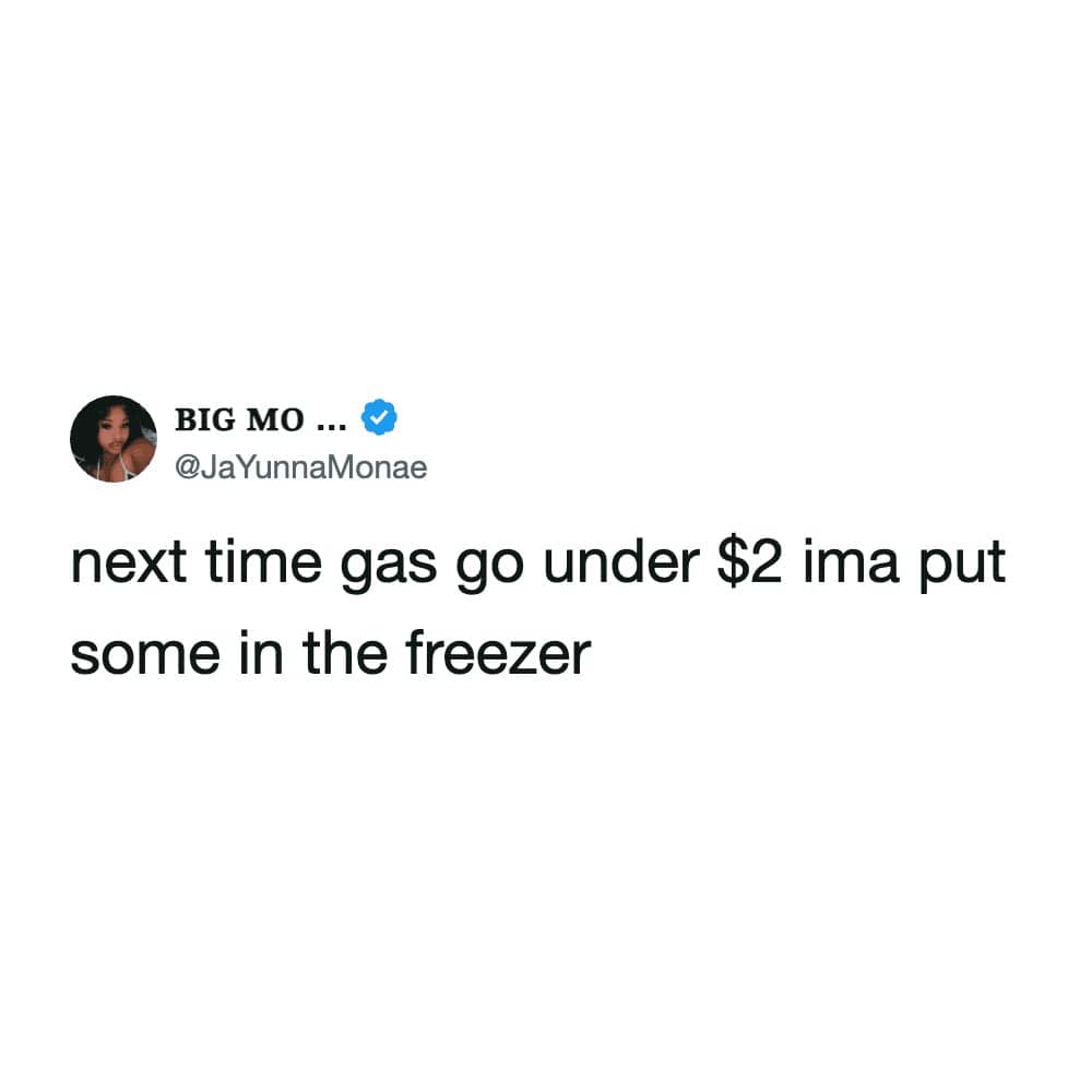 A text post suggesting putting gas in the freezer when the price drops below two dollars.