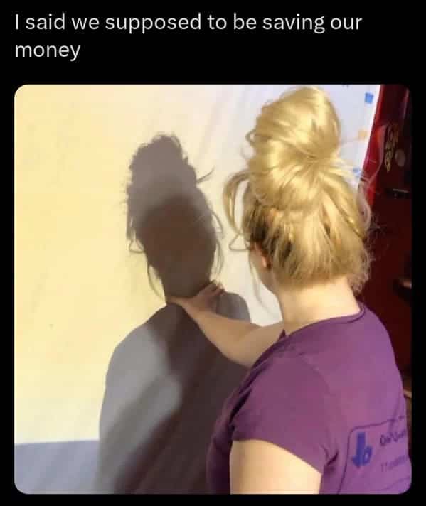 A woman playfully choking her own shadow with a caption about failing to save money.