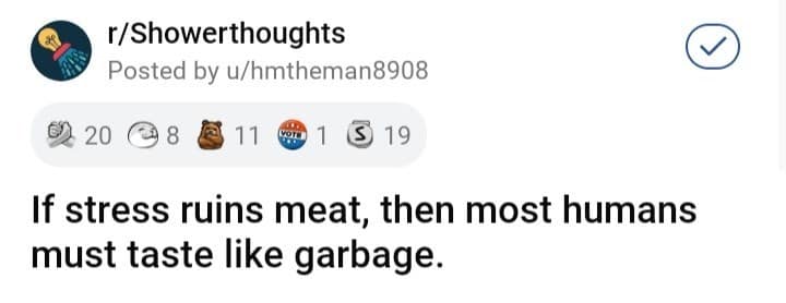 morbidly funny shower thought from hmetheman8908 that applies culinary logic to the human condition: "If stress ruins meat, then most humans must taste like garbage."