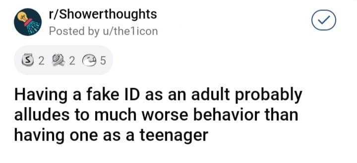 A perspective-shifting funny shower thought by the1icon, noting that while a teenager with a fake ID is just looking for a party, an adult with one is likely up to something much more sinister.