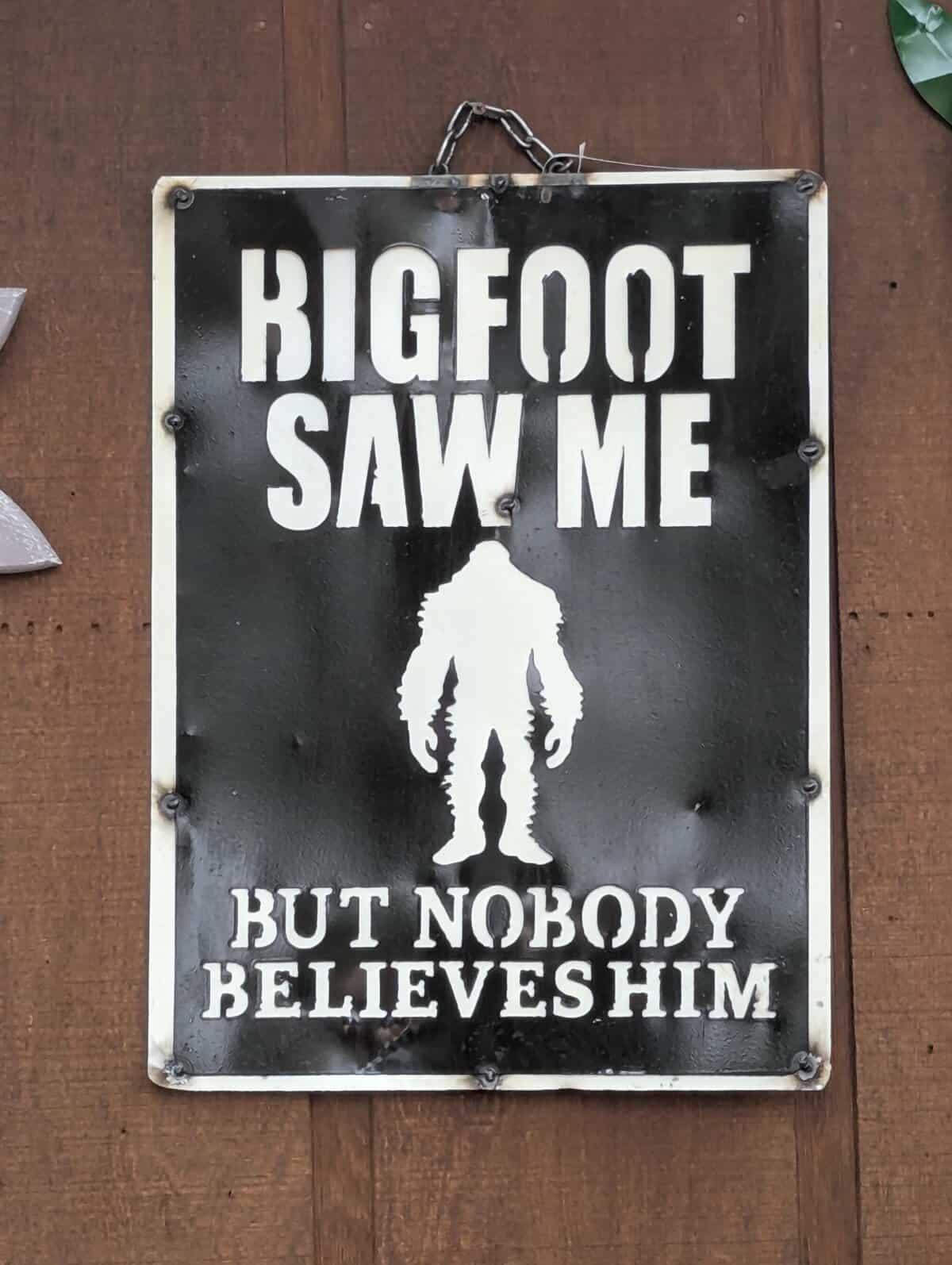 cheeky metal plaque subverts the typical cryptid narrative by claiming "BIGFOOT SAW ME BUT NOBODY BELIEVES HIM" above a white silhouette of the forest legend.