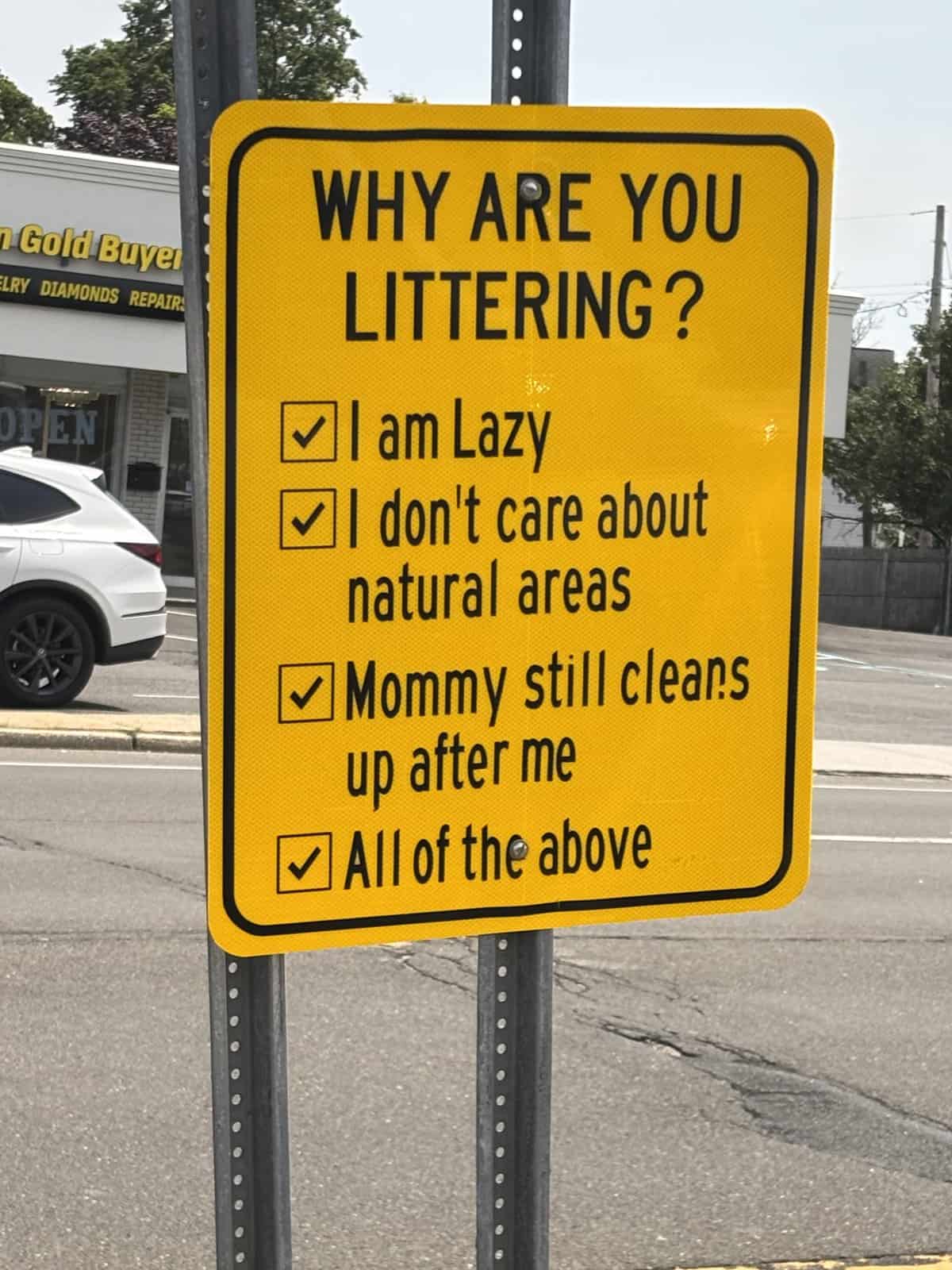 aggressive yellow public notice shames litterbugs with a pre-checked list of reasons including "I am Lazy" and "Mommy still cleans up after me."