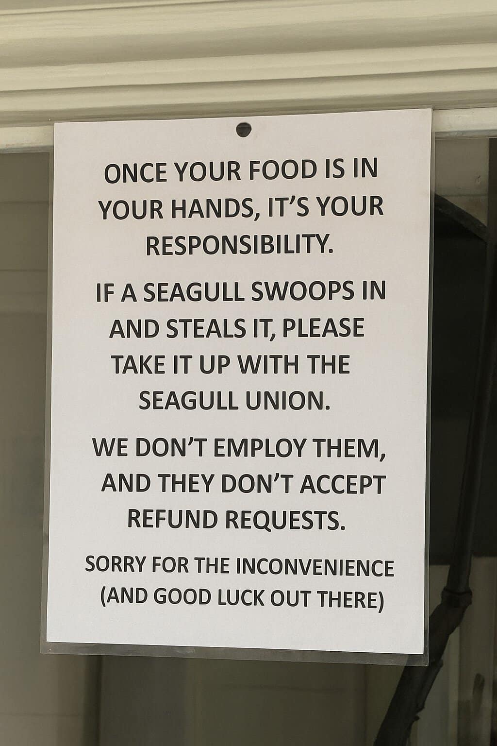 A brutally honest shop window sign informs customers that once they have their food, they are responsible for it, and any seagull-related theft should be taken up with the "Seagull Union."