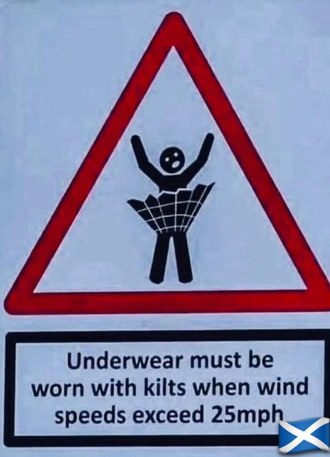 cautionary triangular road sign features a silhouette of a person in a kilt being blown upward, accompanied by the rule: "Underwear must be worn with kilts when wind speeds exceed 25mph."