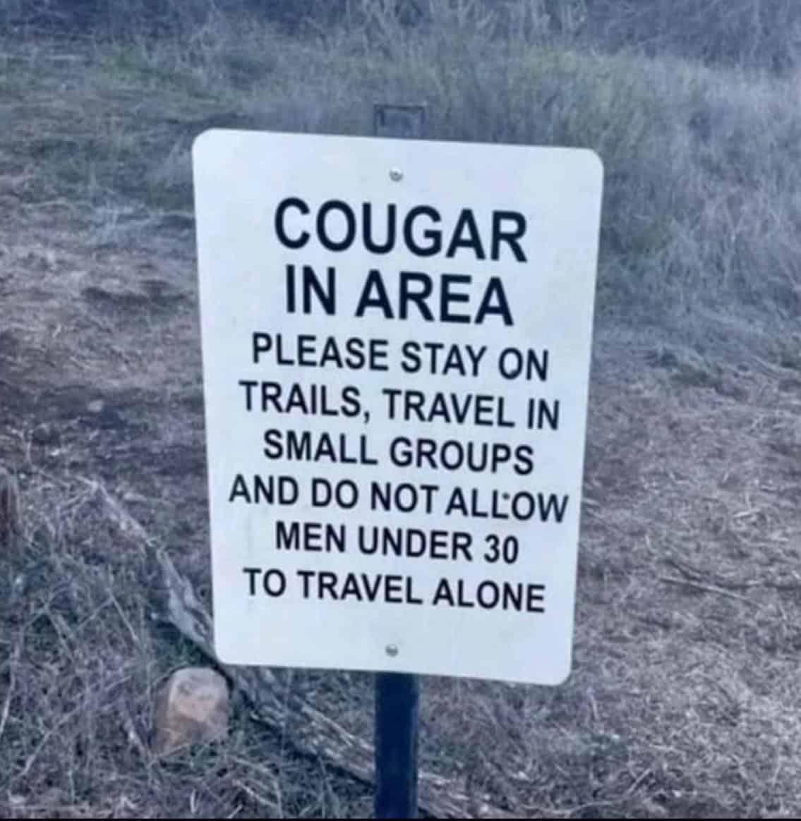 trail warning sign takes an oddly specific turn, warning of a "COUGAR IN AREA" and advising travelers not to let "MEN UNDER 30" hike alone, playing on the double meaning of the word cougar.