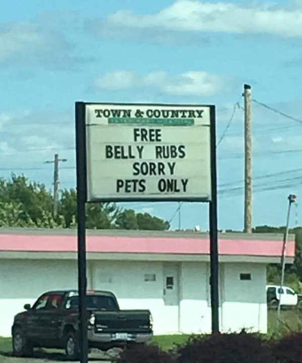 A wholesome funny sign on a marquee for the Town & Country Veterinary Hospital. The bold black letters read: "FREE BELLY RUBS SORRY PETS ONLY," crushing the hopes of any passing humans.