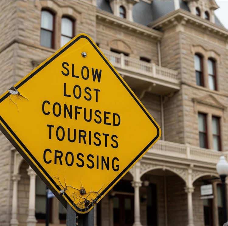 bright yellow diamond-shaped road sign near a historic building warns drivers of "SLOW LOST CONFUSED TOURISTS CROSSING," capturing the essence of sightseeing traffic.