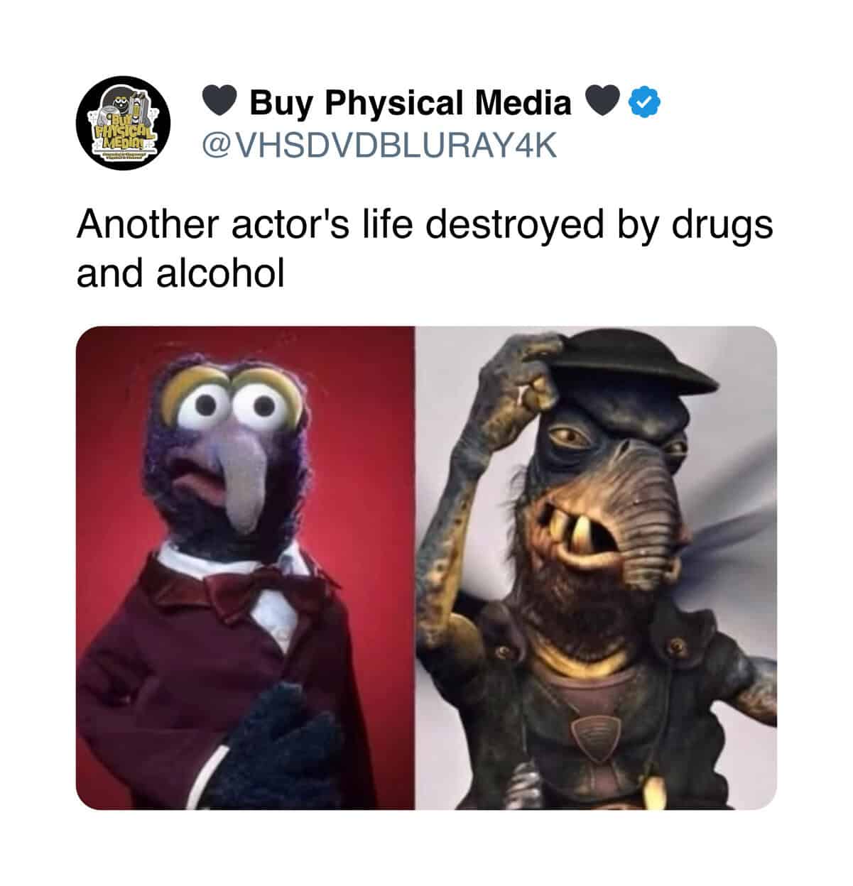 A satirical "before and after" comparison featuring Gonzo the Muppet and Watto from Star Wars illustrates the chaotic pop-culture humor often found in a funny sobriety meme about the visible toll of addiction.