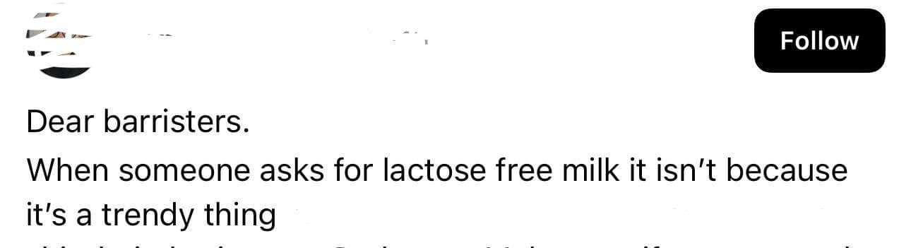frustration-filled tweet directed at "barristers" instead of "baristas," a classic funny spelling mistake that makes it sound like the user is complaining about lactose-free milk to a group of high-level lawyers.