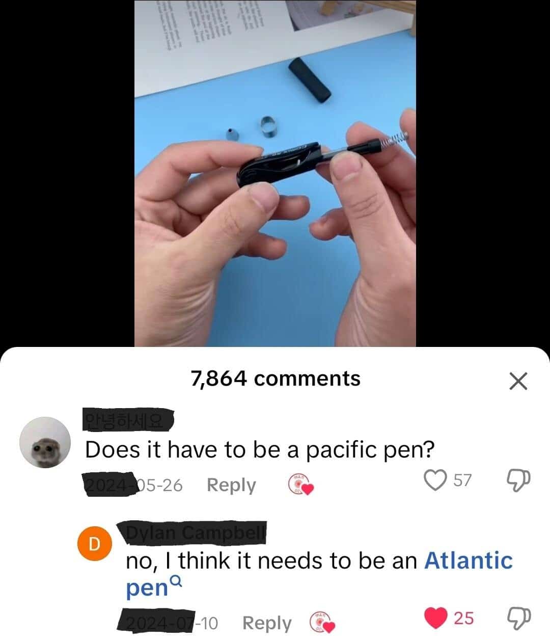 social media comment thread where a user asks if they need a "pacific pen" for a project, leading to a sarcastic reply about an "Atlantic pen" to mock the geographic funny spelling fail.