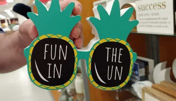 Pineapple-shaped sign with text "Fun In The Un" instead of "Fun In The Sun."