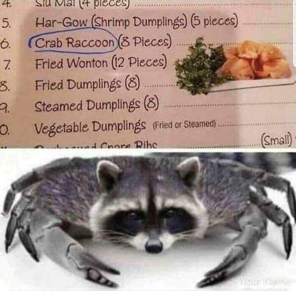 Chinese menu listing "Crab Raccoon" paired with a photoshop of a raccoon with crab legs.