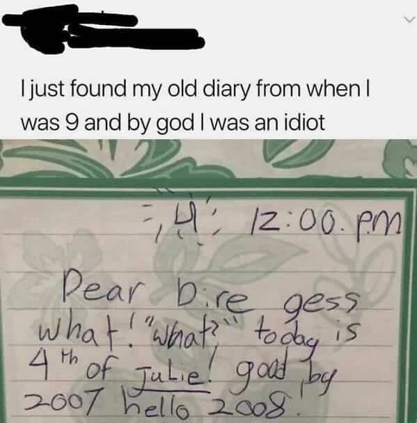 Child's diary entry misspelling "Diary" as "Bire" and "July" as "Julie" from 2007.