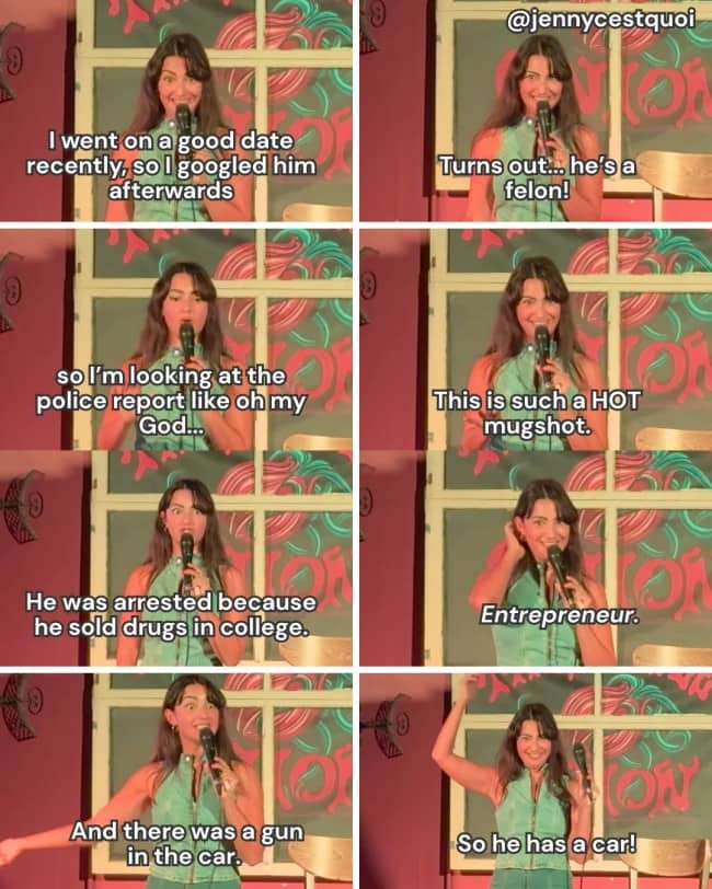 Stand-up comedian Jennycestquoi jokes about finding out her date is a felon with a hot mugshot.