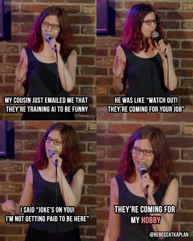 Rebecca Kaplan jokes about AI taking her stand-up job, noting it's actually just taking her hobby.