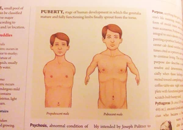 Bizarre textbook diagram suggesting human limbs sprout from the torso during the stage of puberty.