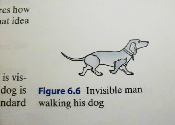 Simple line drawing of a dachshund labeled as an invisible man walking his dog.