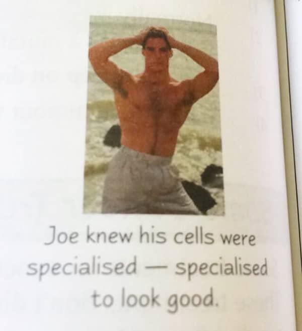 Science textbook photo of a muscular man named Joe with specialized cells to look good.