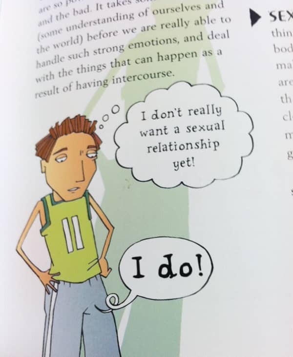 Health textbook illustration of a teenager whose groin is literally speaking his sexual desires aloud.