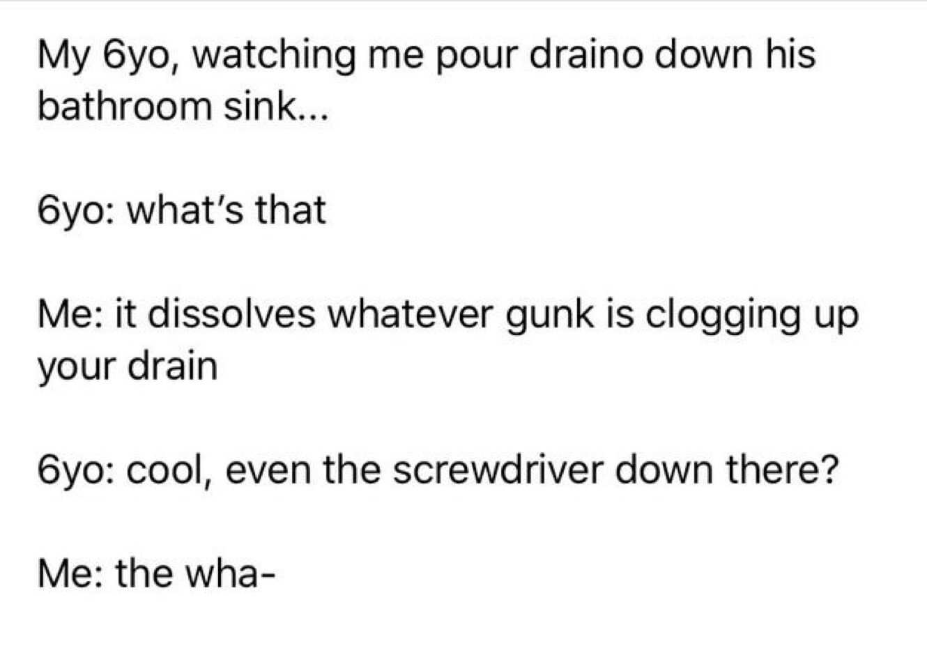 A funny dialogue post illustrating funny things kids say, where a 6-year-old child casually asks his parent if Drano will dissolve "the screwdriver down there" while they are attempting to clear a clogged bathroom sink.