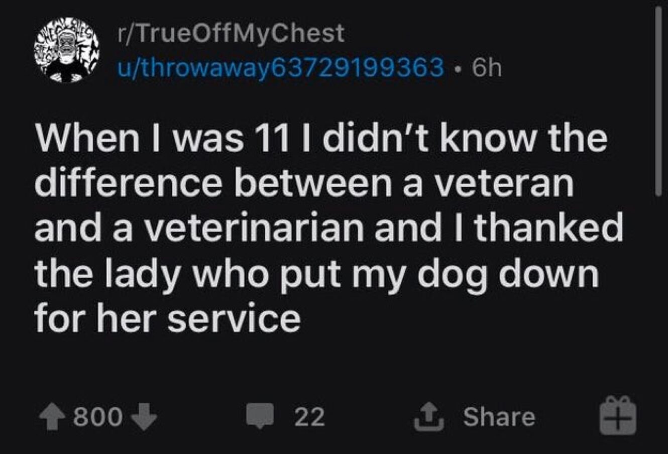 cringeworthy Reddit post about the verbal slips in funny things kids say, where a user recalls being 11 and accidentally thanking a veterinarian for "her service" while she was putting their dog down because they confused the word with "veteran."