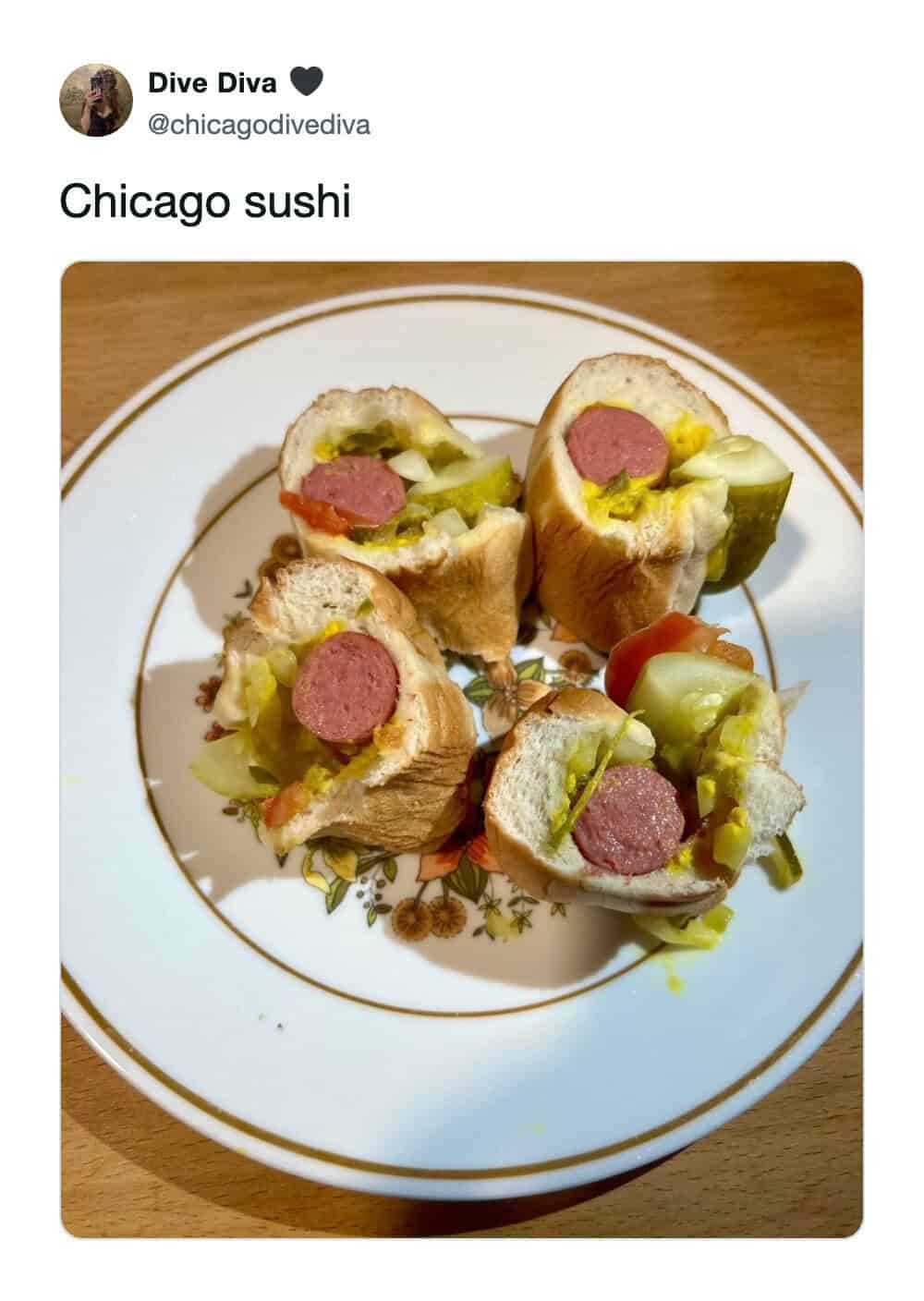 A cursed culinary creation shown in a funny tweet labeled Chicago sushi, featuring a classic Chicago-style hot dog complete with pickles and mustard chopped into bite-sized sushi roll pieces, easily one of the funniest tweets about regional cuisine.