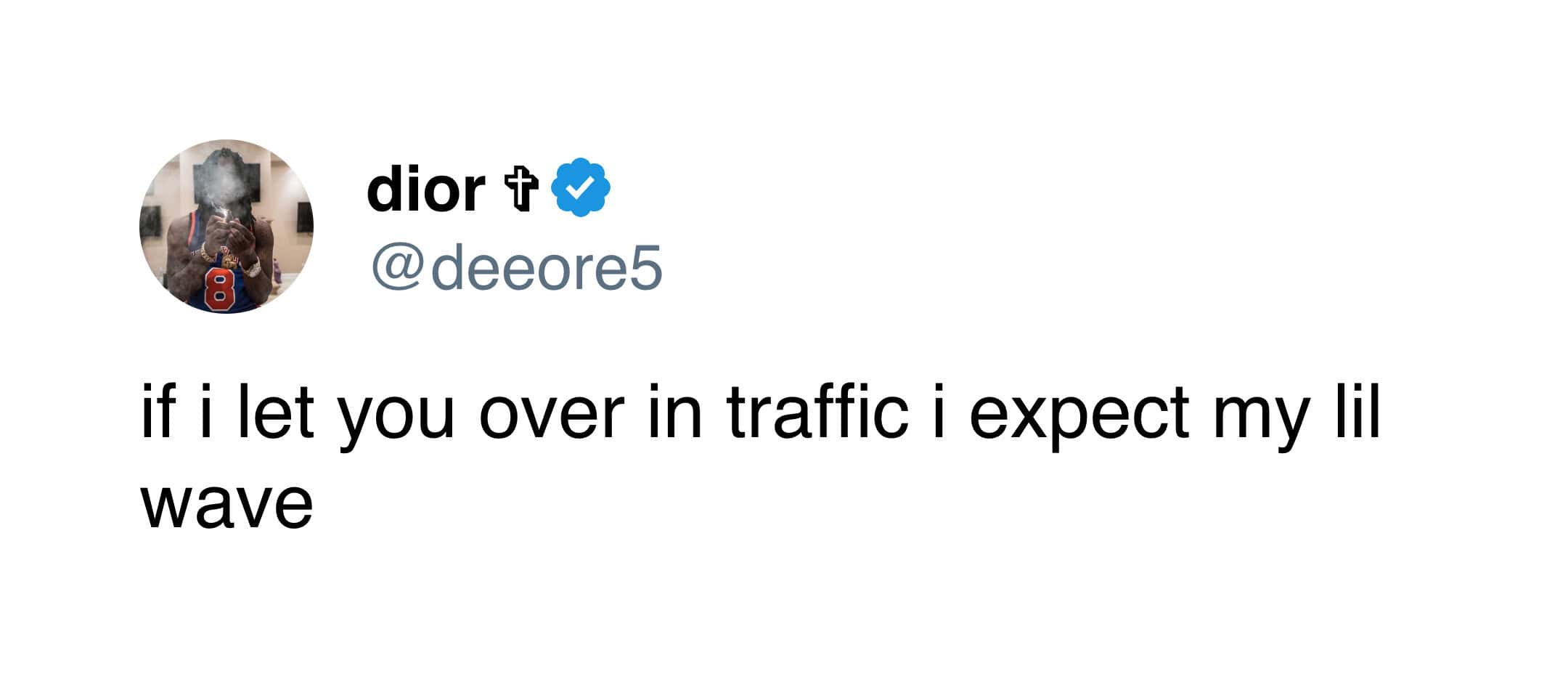 The unspoken rules of road etiquette and the desperate need for a "thank you wave" after letting someone merge are highlighted in this relatable funny tweet.