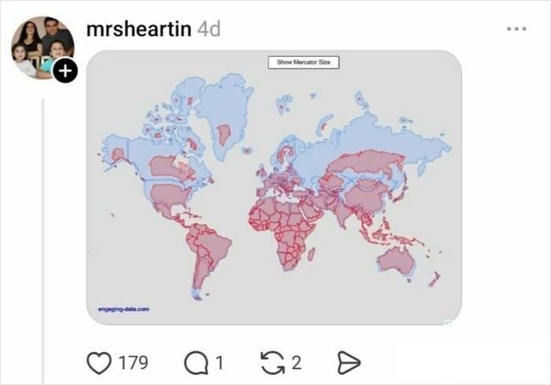 A comprehensive map overlay from @mrsheartin comparing "Mercator Size" (light blue) with "True Size" (red). The visual shows how continents like Africa and South America are nearly identical to their map representation, while Russia, Canada, and Greenland are astronomically smaller in reality.
