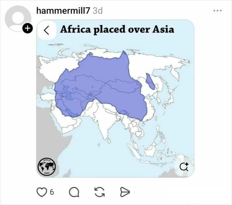 A striking size comparison from @hammermill7 in the funny twitter thread about maps. The image shows the blue outline of the entire continent of Africa placed directly over Asia, illustrating that Africa is nearly as wide as the world's largest continent.