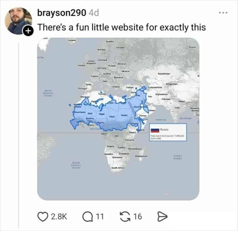 A helpful reply from @brayson290 in the funny twitter thread about maps featuring a screenshot from "The True Size" website. It visually proves Mercator distortion by dragging a blue outline of Russia over Africa, revealing that the massive country is actually much smaller than it appears at the top of a standard map.