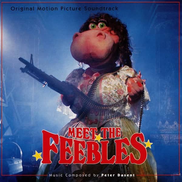 Bizarre soundtrack cover for Meet the Feebles featuring a hippo puppet holding a machine gun.