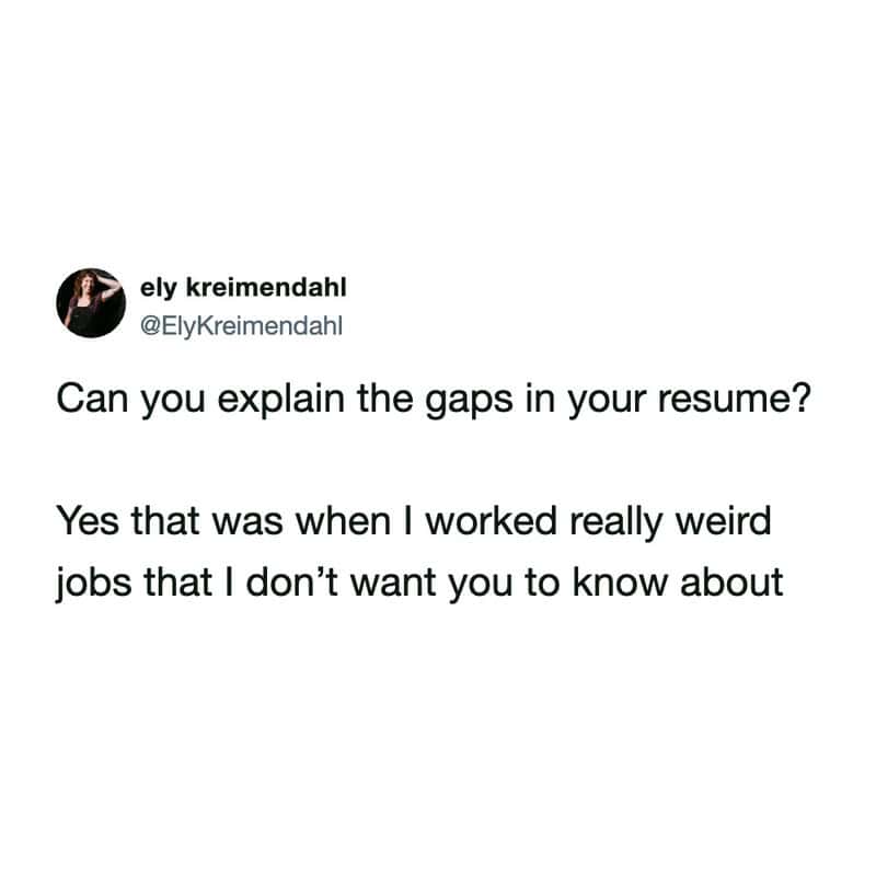 A funny work tweet playing the ultimate reverse card, where the applicant refuses to explain the gaps in their resume and instead demands the interviewer explain the mysterious gaps in their current staff.