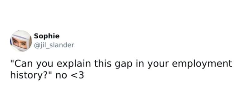 funny work tweet capturing the ultimate unbothered energy during an interview, simply answering "no