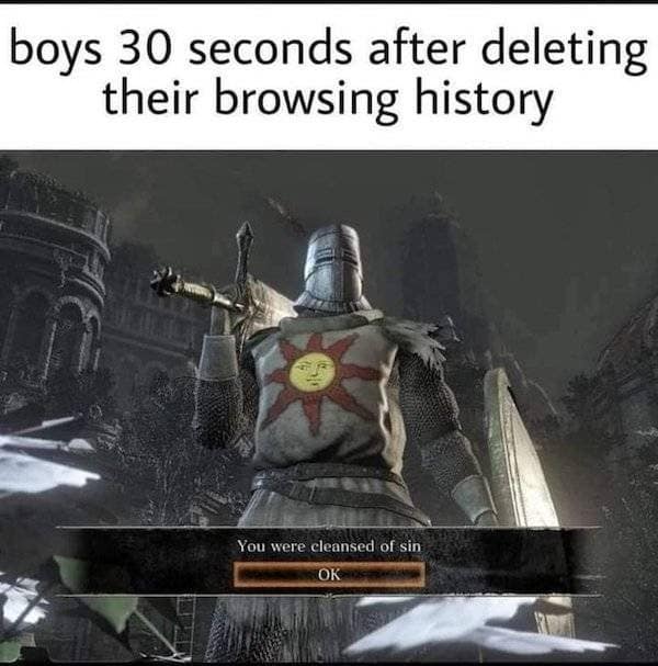 The spiritual relief of clearing a browser's history is compared to the Dark Souls "cleansed of sin" notification in this chaotic and relatable video game meme.