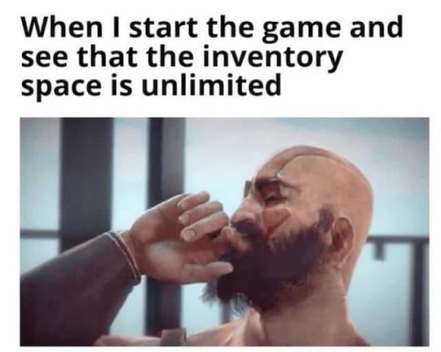 Kratos from God of War shows a rare moment of tender relief in this relatable gamer meme, depicting the sheer, unadulterated joy of discovering an RPG has unlimited inventory space
