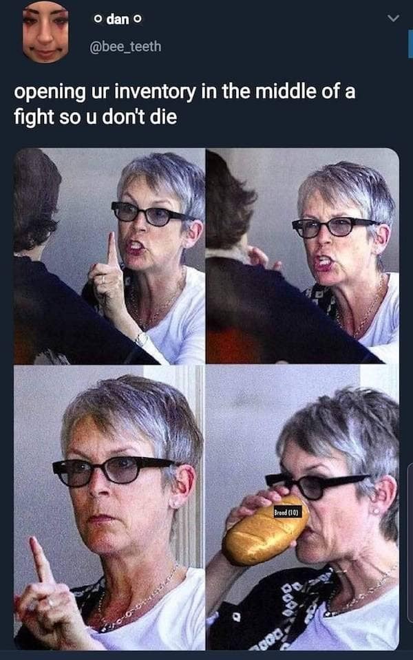 Jamie Lee Curtis’s expressive facial shifts are used in this chaotic video game meme to show the absurdity of pausing an intense fight just to eat ten whole loaves of bread for an immediate health restoration.