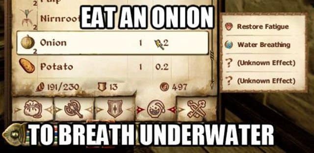 The nonsensical alchemy of classic Bethesda RPGs is skewered in this video game meme, featuring a screenshot of a raw onion that somehow grants the player the magical ability to breathe underwater.