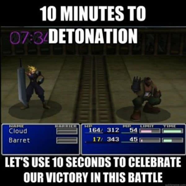 Cloud Strife and Barret Wallace pose for a victory screen while a bomb countdown ticks away in the background, capturing a classic example of the unhinged logic found in a JRPG video game meme.